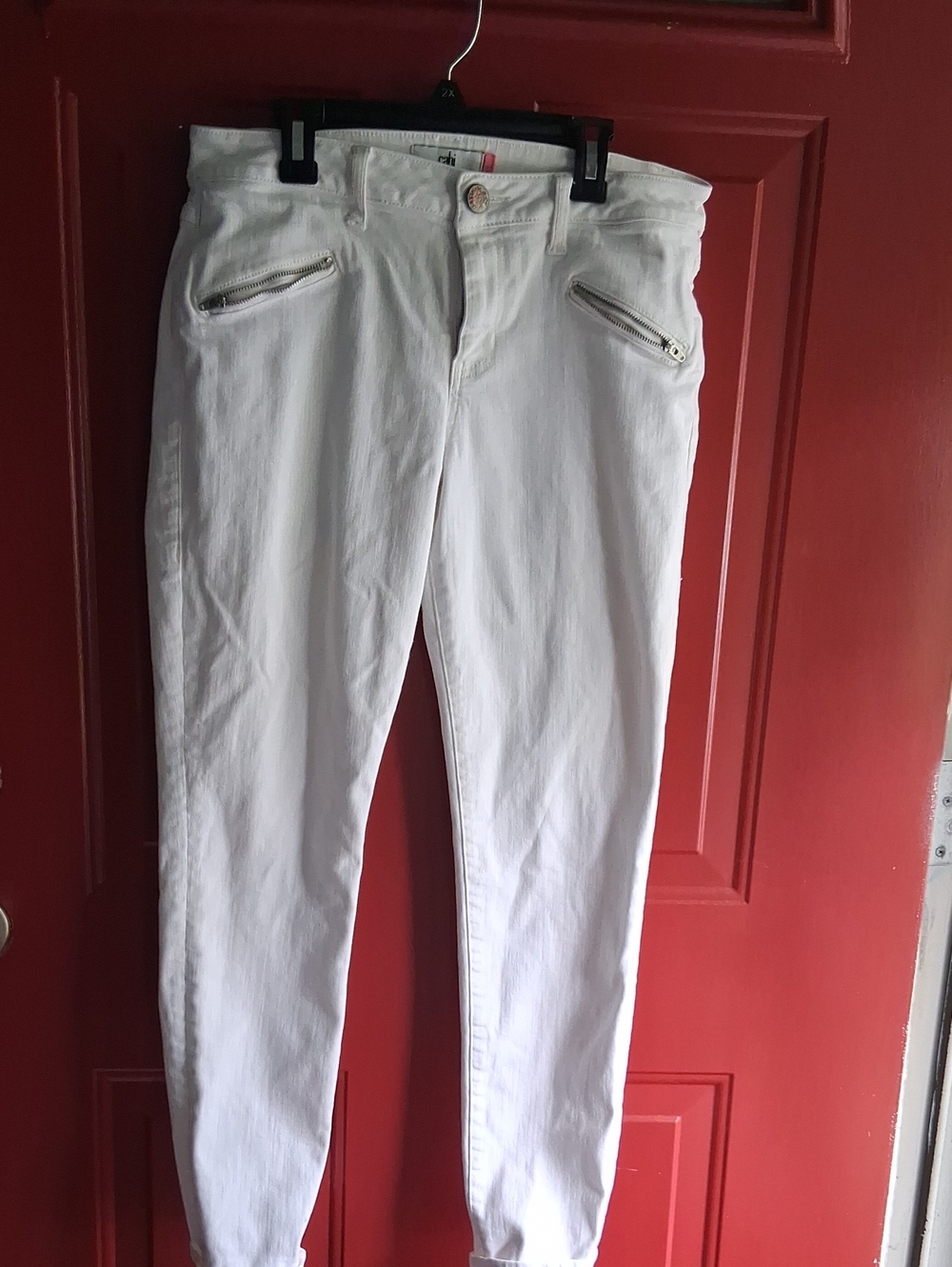 CAbi White Skinny Jeans with Front Zip Accents